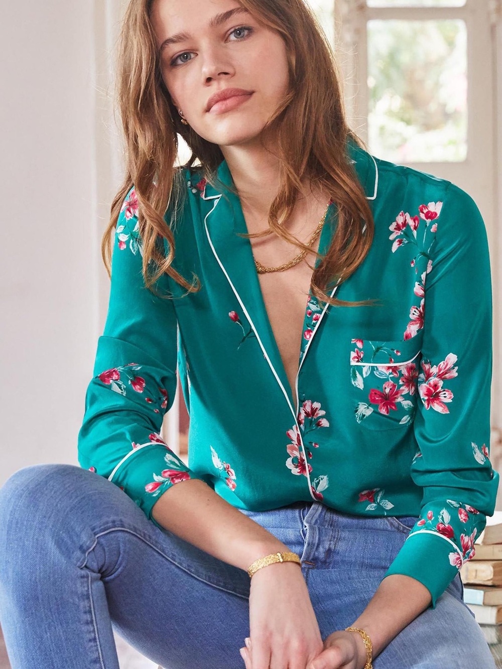 Sezane Elisa Silk Blouse in Vert Bouquet 34 NWT